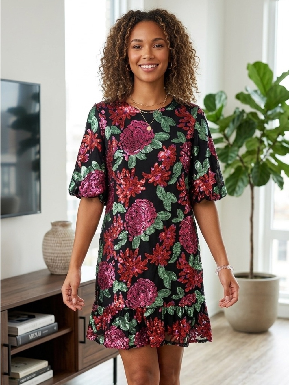 076-Ivy City Co Black, Pink and Green Sequin Flowers stunning bright colours